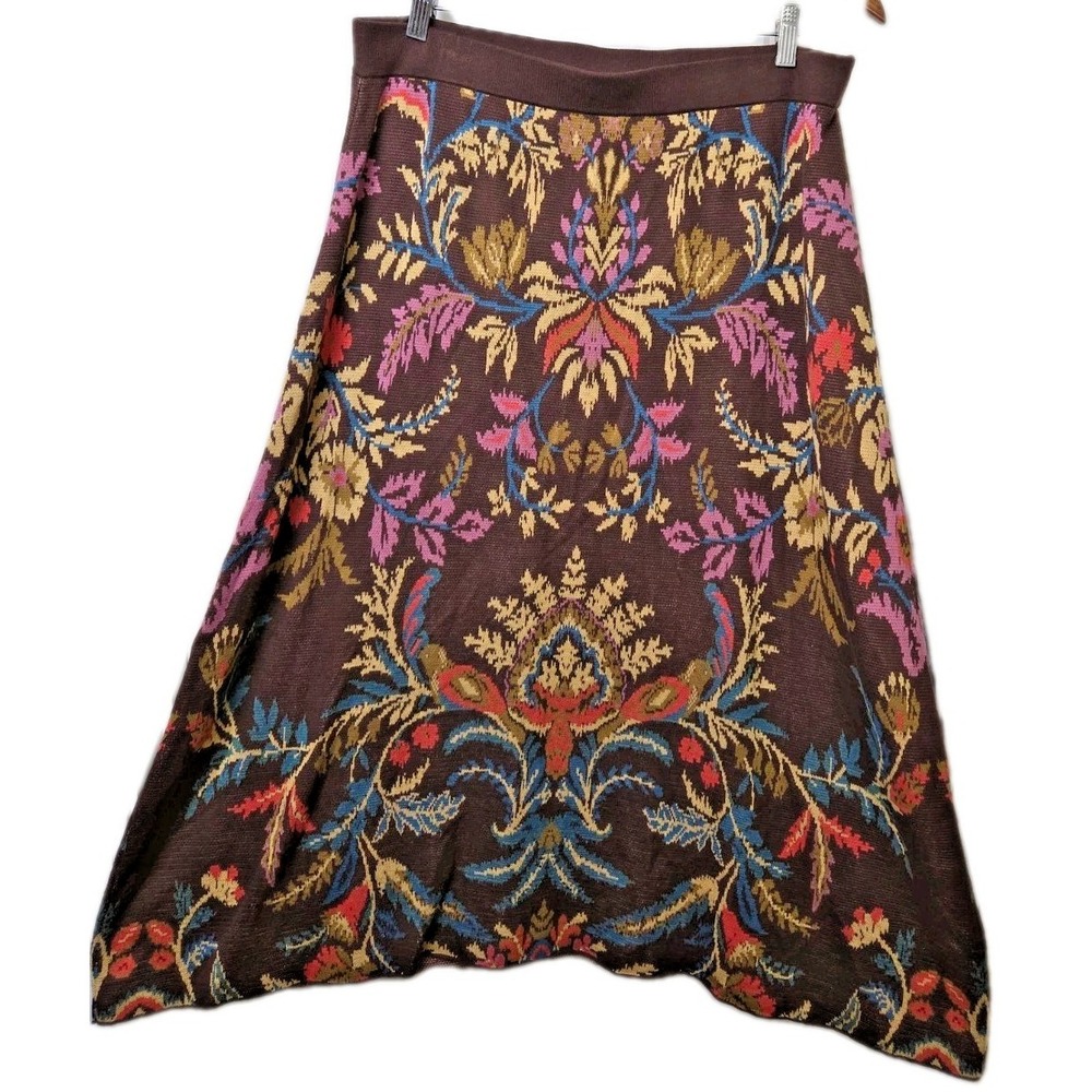 Coldwater Creek Jacobean Floral Sweater Skirt A-Line Knit Brown Size L Petite